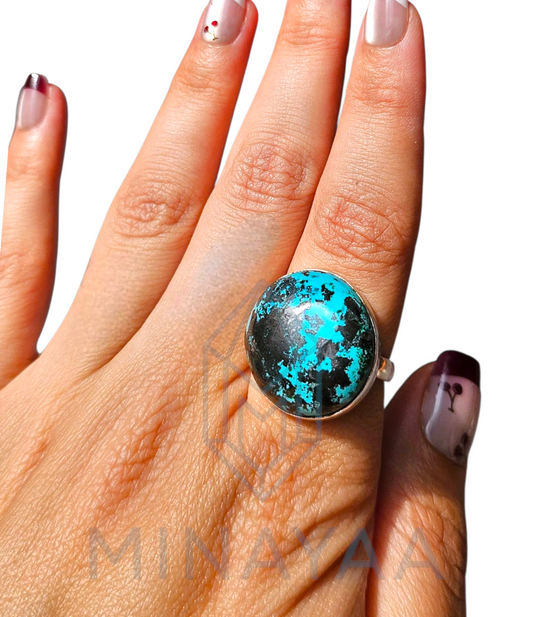 Bague Argent en Shattuckite, Chrysocolle et Malachite