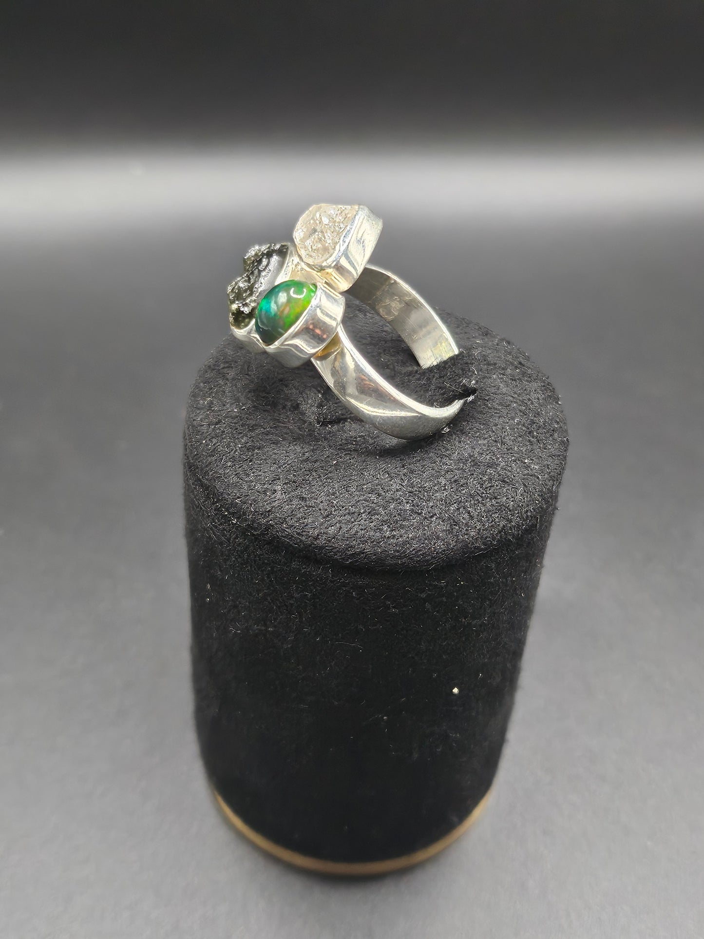 Bagues Trio Moldavite, Herkimer & Opale Noire - Argent Réglable