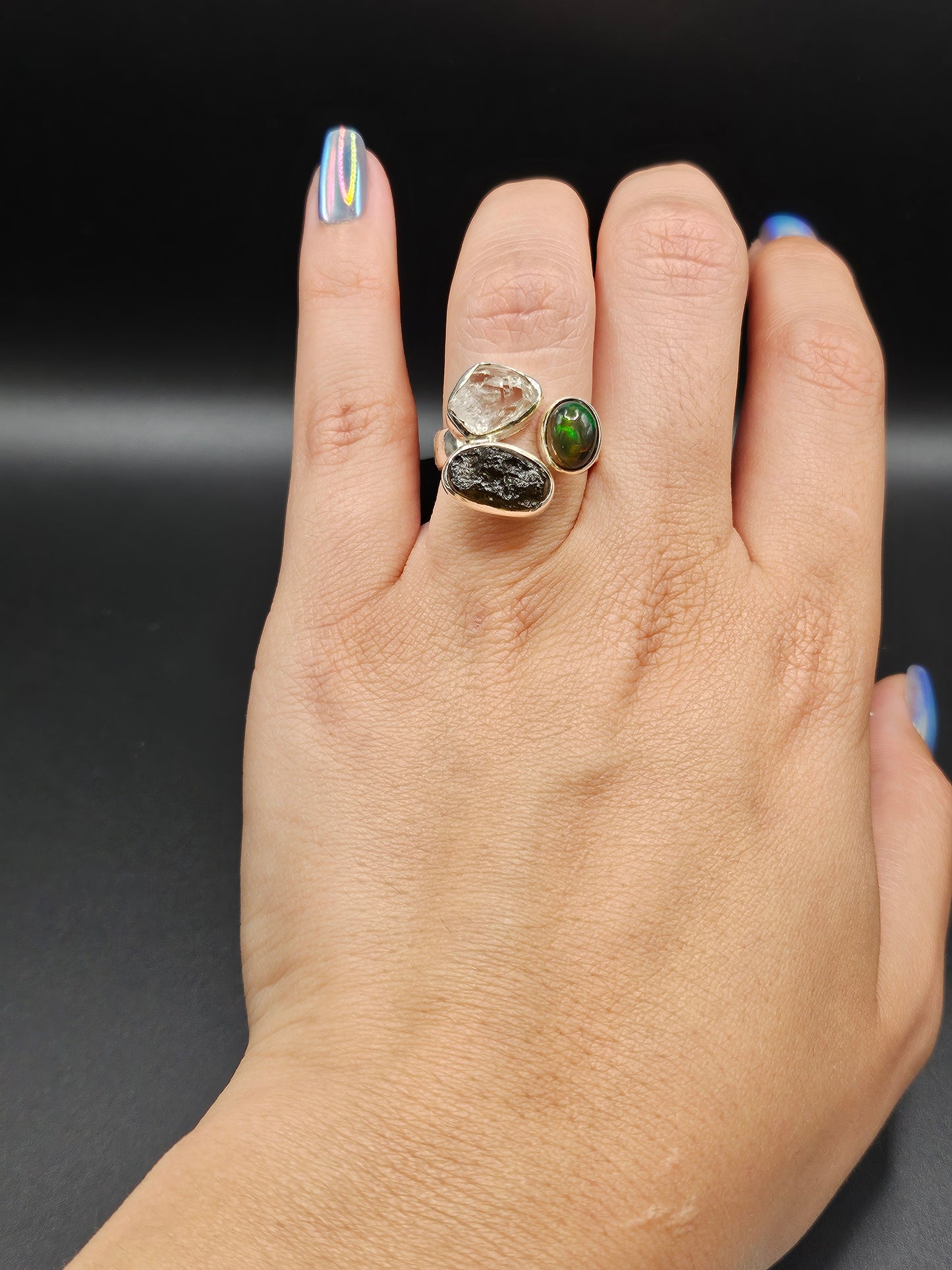 Bagues Trio Moldavite, Herkimer & Opale Noire - Argent Réglable