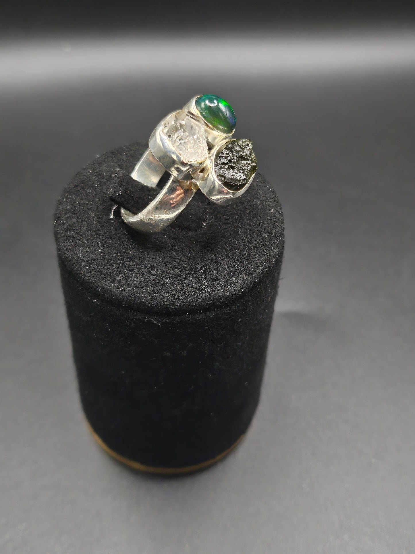 Bagues Trio Moldavite, Herkimer & Opale Noire - Argent Réglable