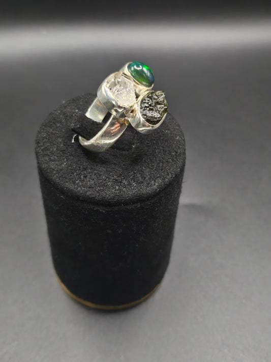 Bagues Trio Moldavite, Herkimer & Opale Noire - Argent Réglable
