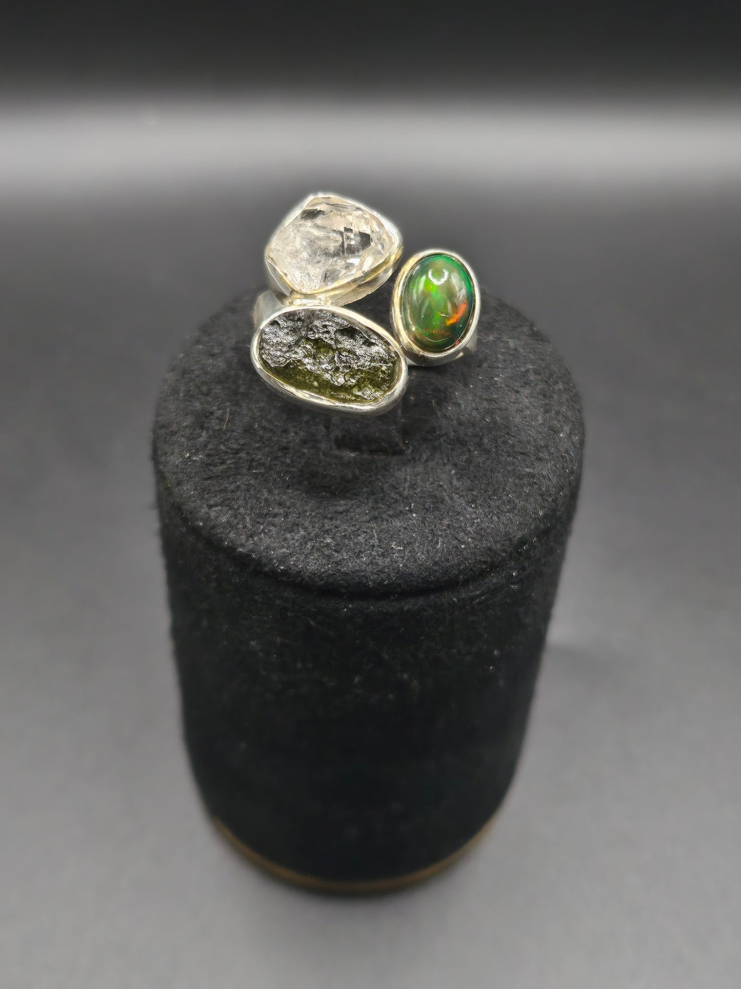 Bagues Trio Moldavite, Herkimer & Opale Noire - Argent Réglable