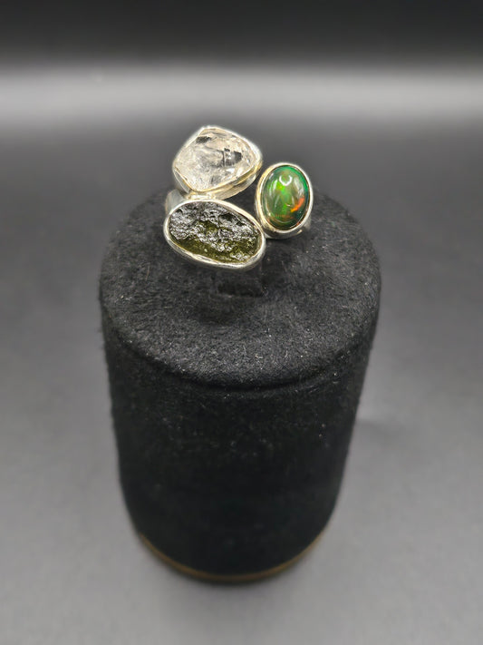 Bagues Trio Moldavite, Herkimer & Opale Noire - Argent Réglable