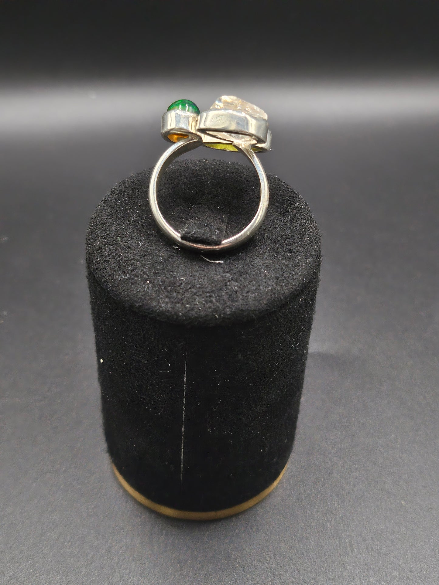 Bagues Trio Moldavite, Herkimer & Opale Noire - Argent Réglable